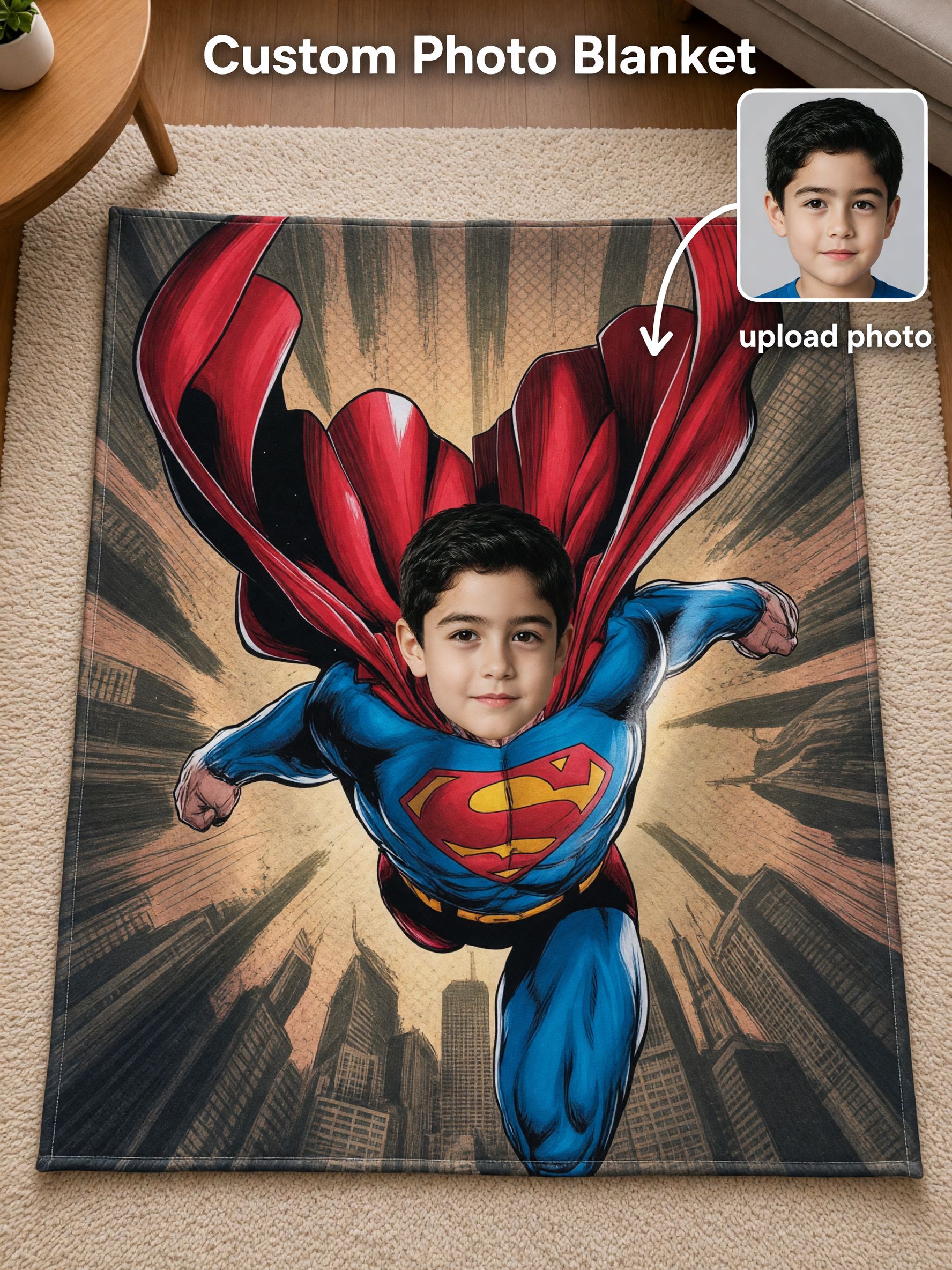 Personalized Superhero Face Photo Flannel Fleece Blanket, Ultra Soft Custom Picture Throw for Kids and Family Gift