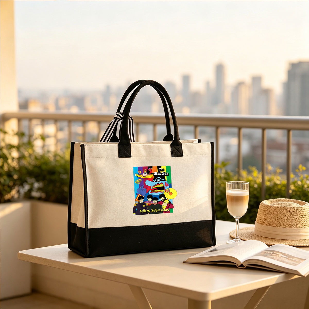 The Beatles - Yellow Submarine: Animated Characters and Iconic Band Members in a Vibrant Underwater Adventure - Canvas patchwork gift tote bag
