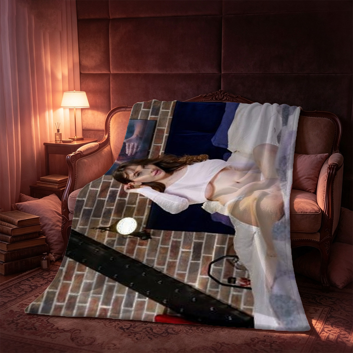 A woman in a brown lingerie set posing elegantly in a modern luxury interior. - Blanket
