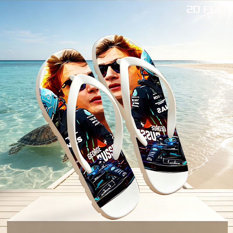 George Russell F1 Driver in Petronas Racing Gear with Formula 1 Car -  flip-flops