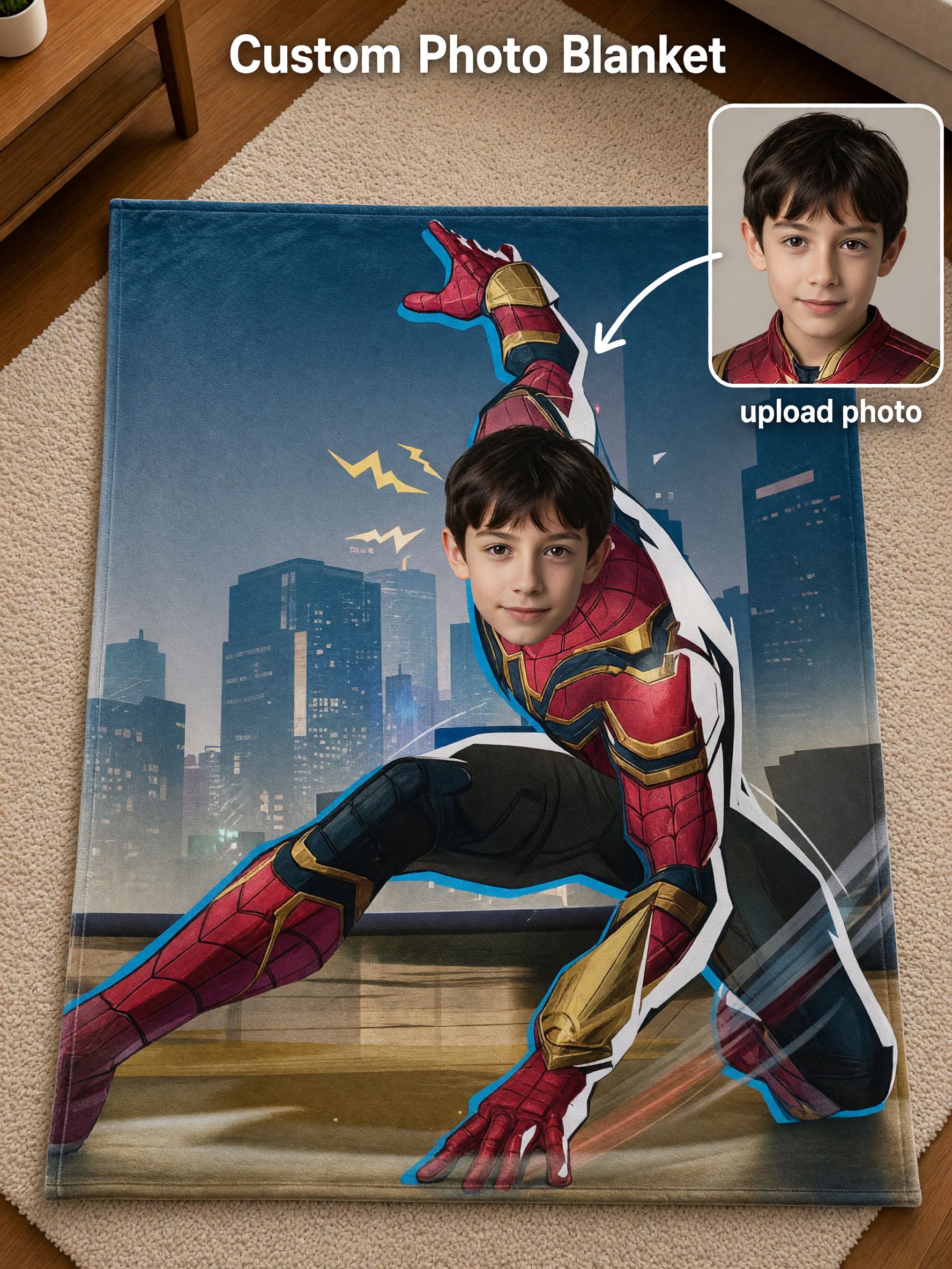 Custom Face Superhero Blanket Personalized Photo Fleece Throw Skin-Friendly Soft Couch Quilt for Kids Ideal Gift