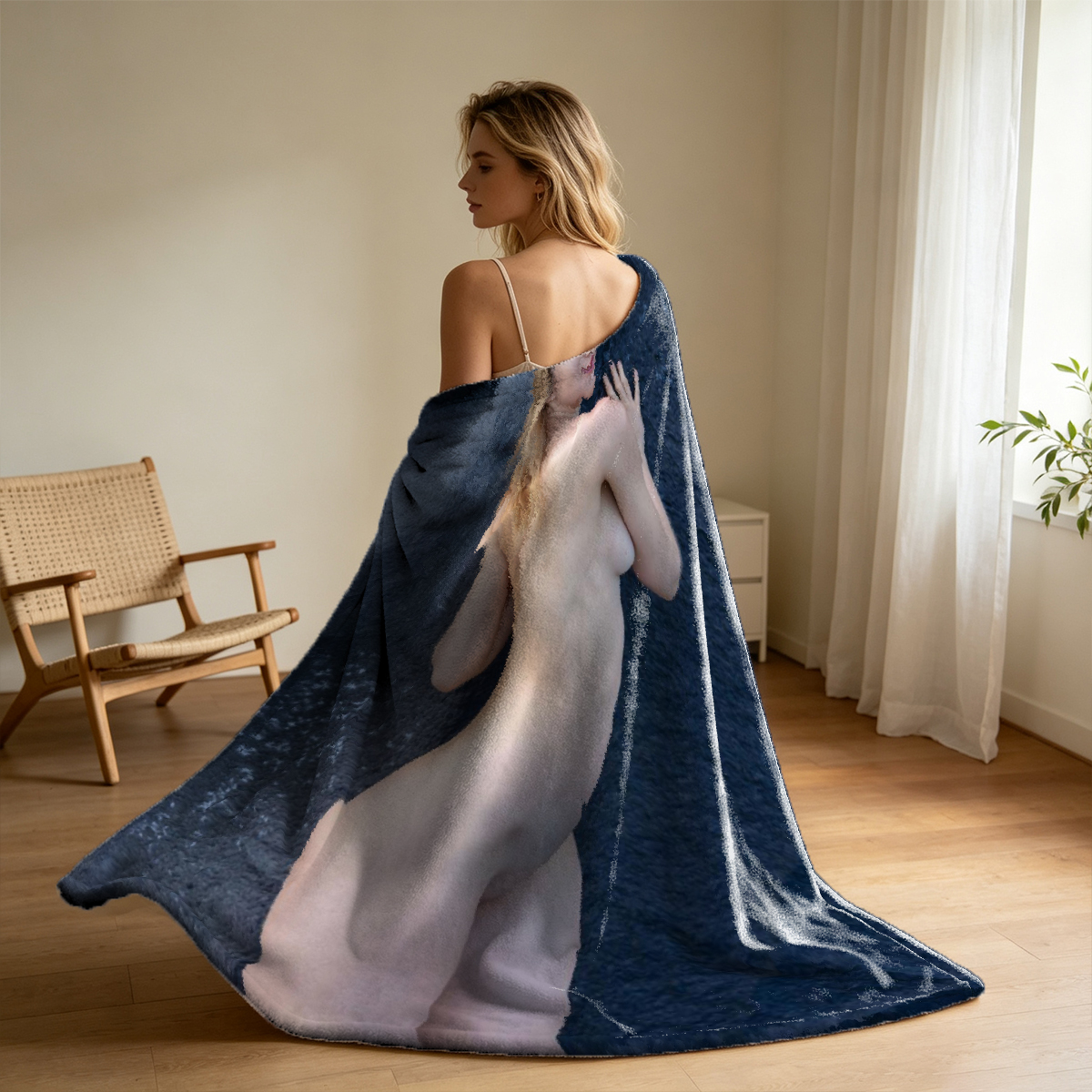Nude blonde woman posing on rocky beach by the sea. - Blanket