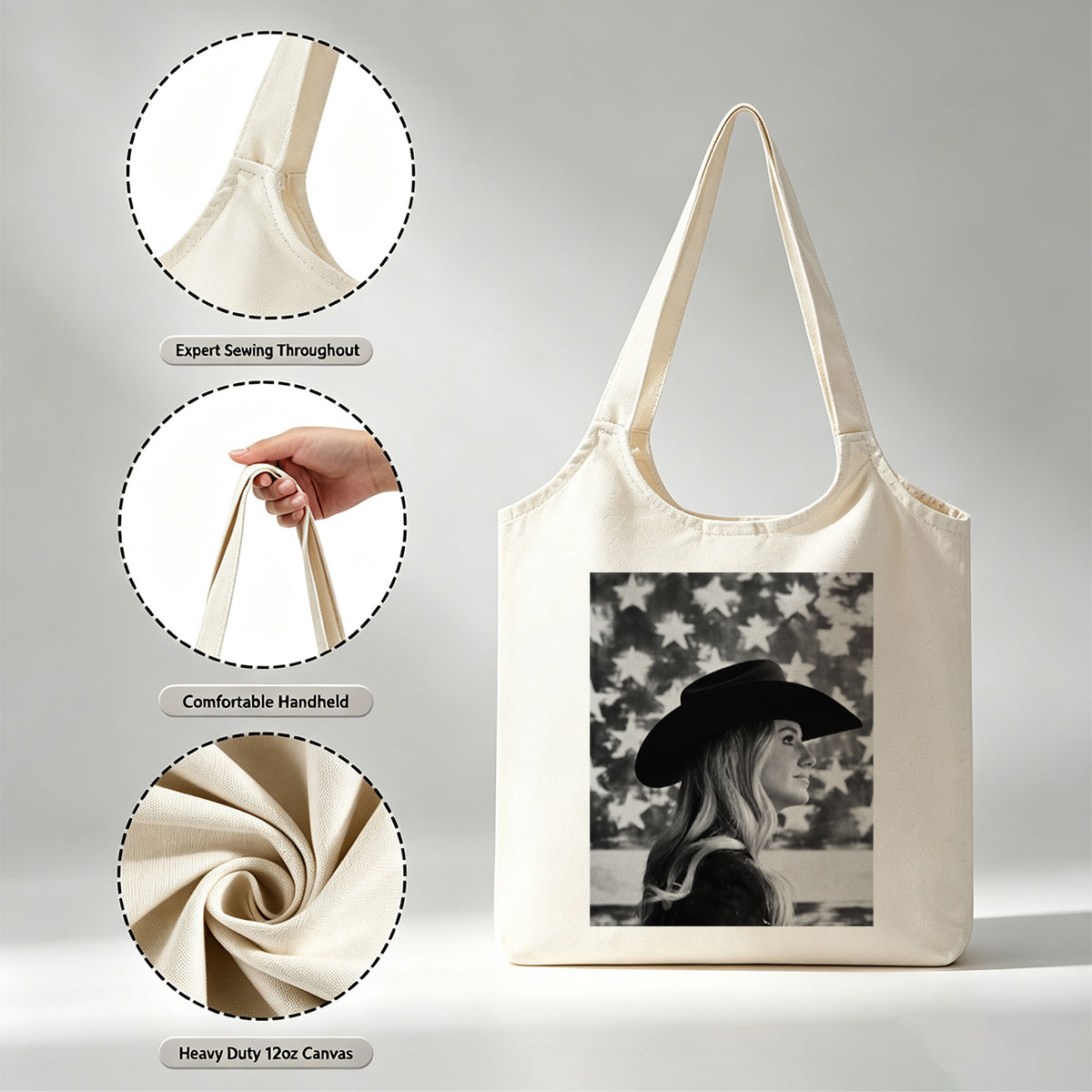 Carrie Underwood in Cowboy Hat with American Flag Background – Black and White Portrait - Canvas shoulder bags/