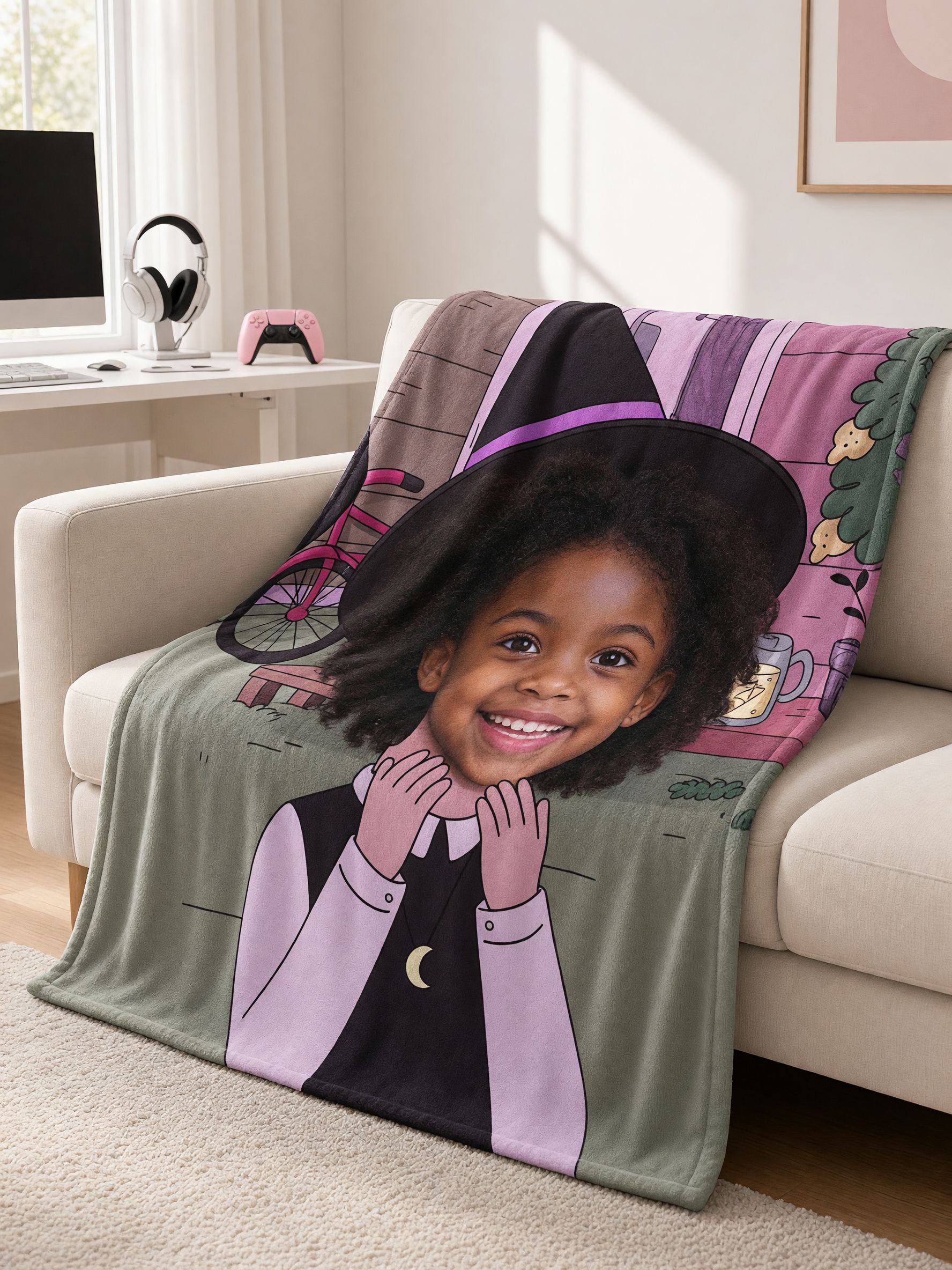 Custom Face Blanket Personalized Cartoon Witch Flannel Throw Soft Cozy Fleece Blanket for Couch Sofa Bed Unique Gift