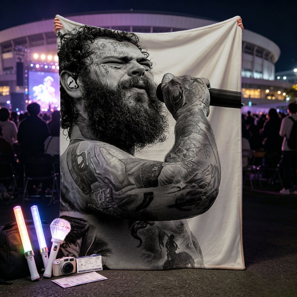 Post Malone Performing on Stage with Tattooed Arms and Beard in Black and White Photo - Blankets