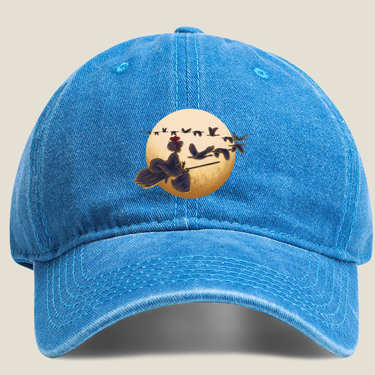 Mulan Flying on a Broomstick with Geese Against the Moon - Washed Denim - Baseball Cap