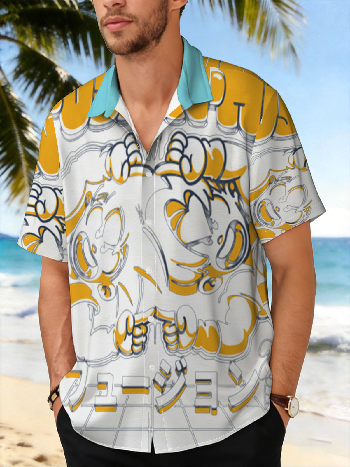 Fusion-Ha: Two Cartoon Characters in Dynamic Pose with Japanese Text and Palm Trees Background -  Shirt