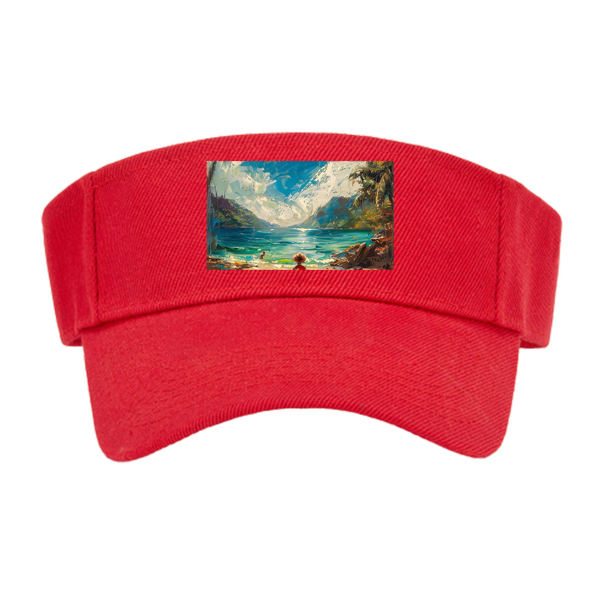 A woman walks on a tropical beach, framed by palm trees and turquoise waters under a vibrant sky. -  Visor cap