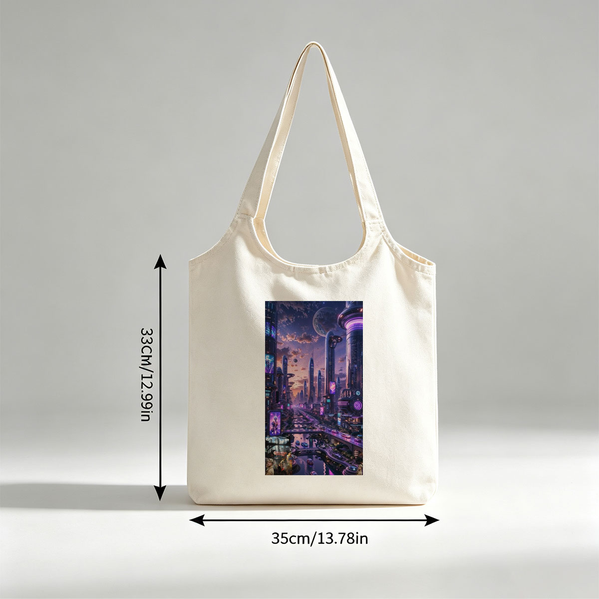 Taylor Swift in Futuristic Cityscape - Neon-Lit Metropolis with Hovering Cars and Giant Moon in the Sky - Canvas shoulder bags/