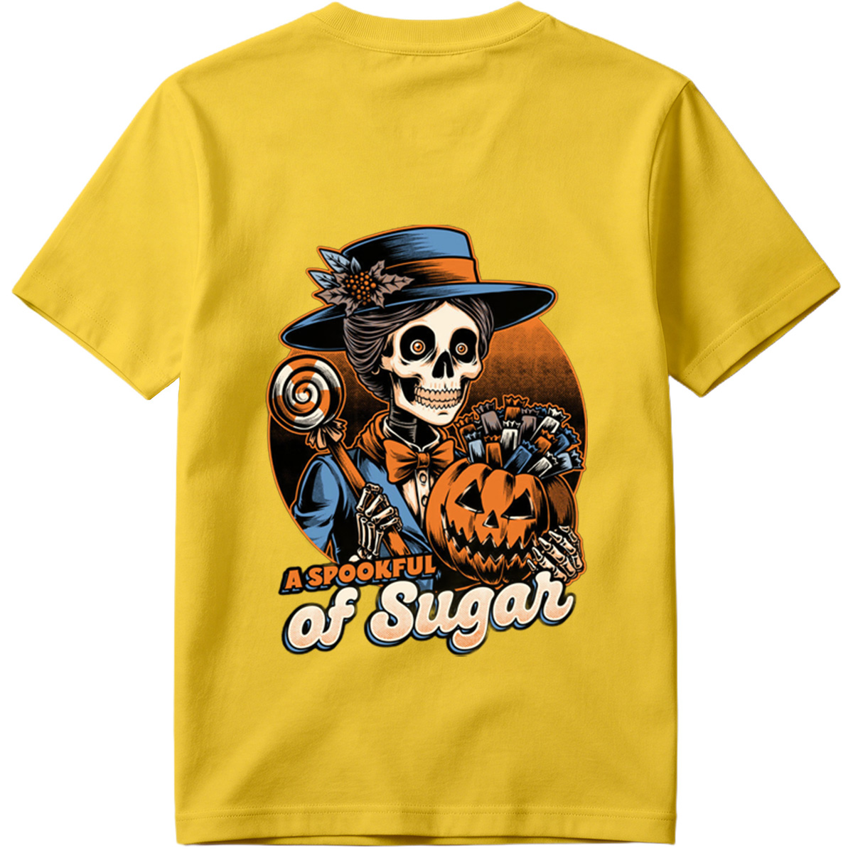 A Spookful of Sugar: Skeleton Lady with Pumpkin and Candy - Tee