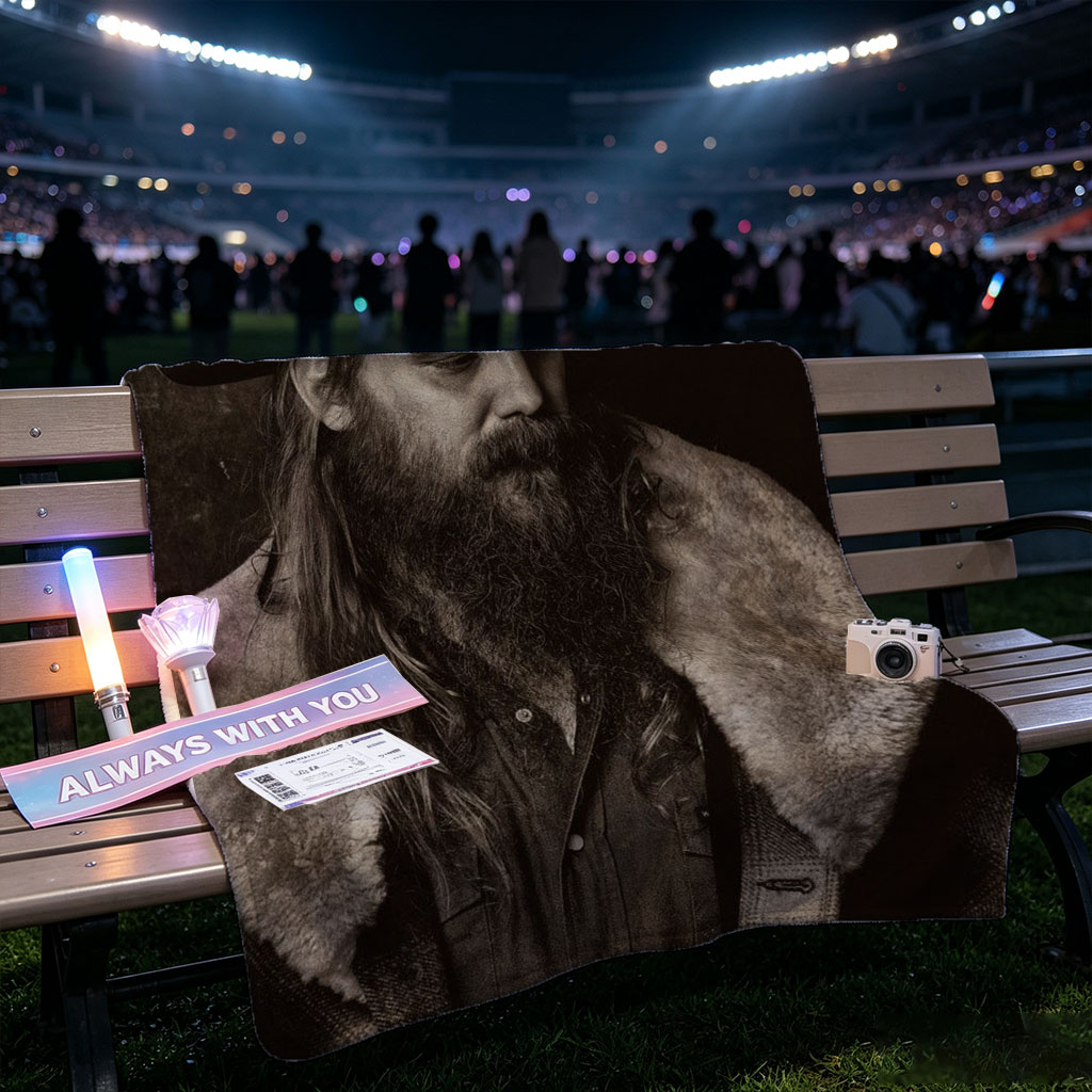 Chris Stapleton in a Cowboy Hat and Fur-Collared Jacket, Gazing Thoughtfully in a Monochrome Portrait - Blankets