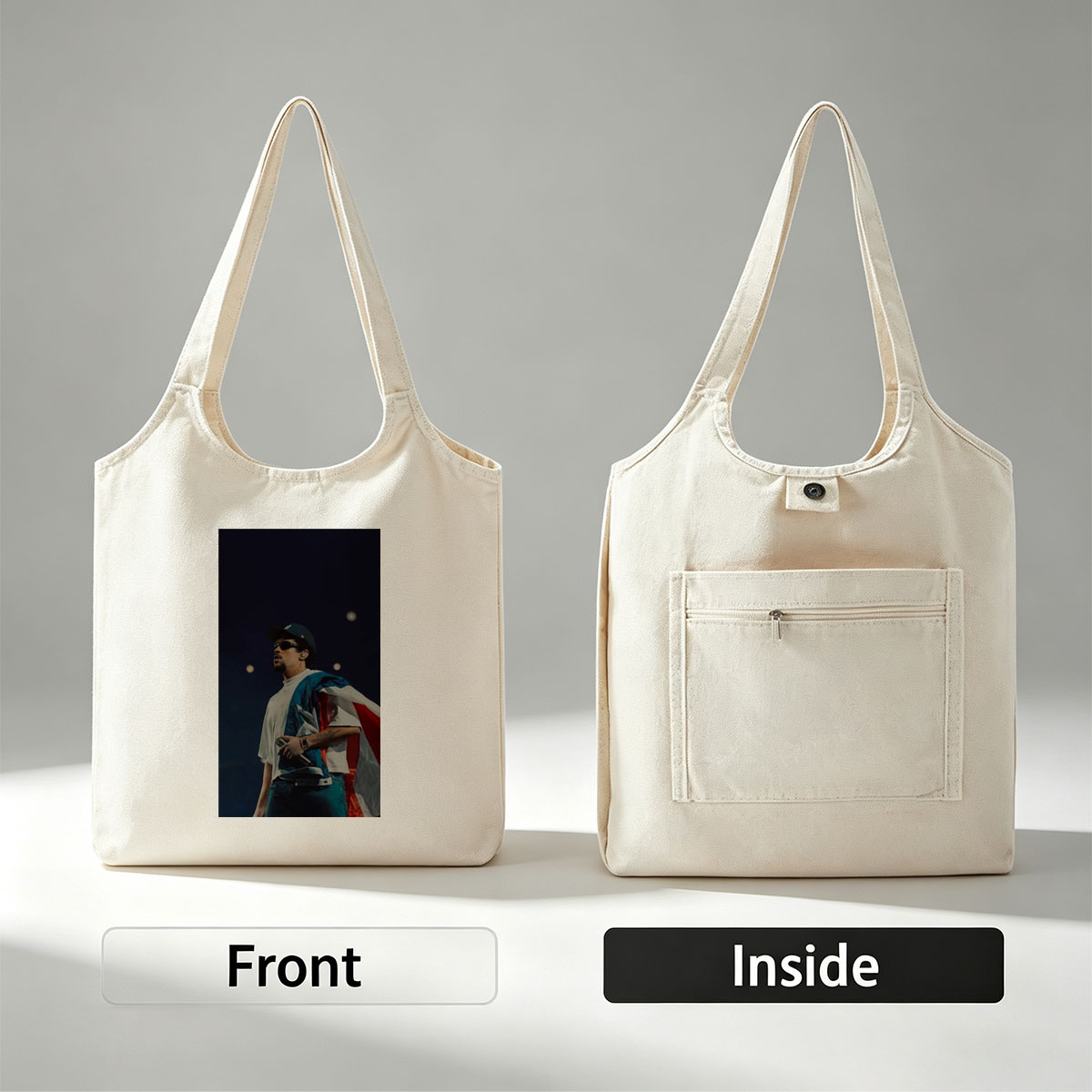 Bad Bunny Performing on Stage with Puerto Rican Flag Draped Over Shoulders - Canvas shoulder bags/