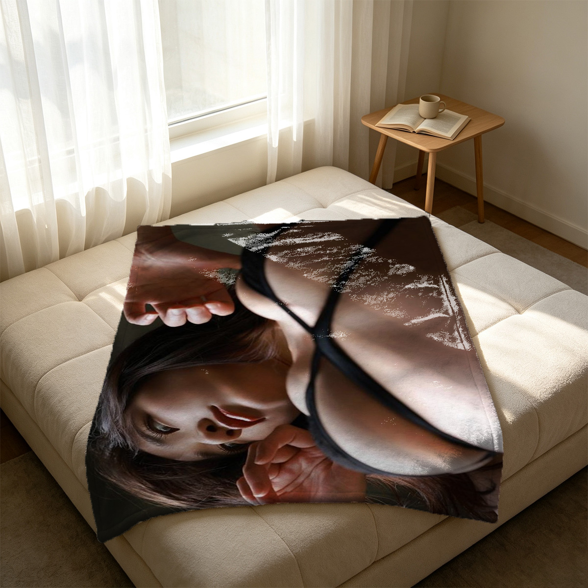 Two redhead women in black lingerie embracing by the window. - Blanket