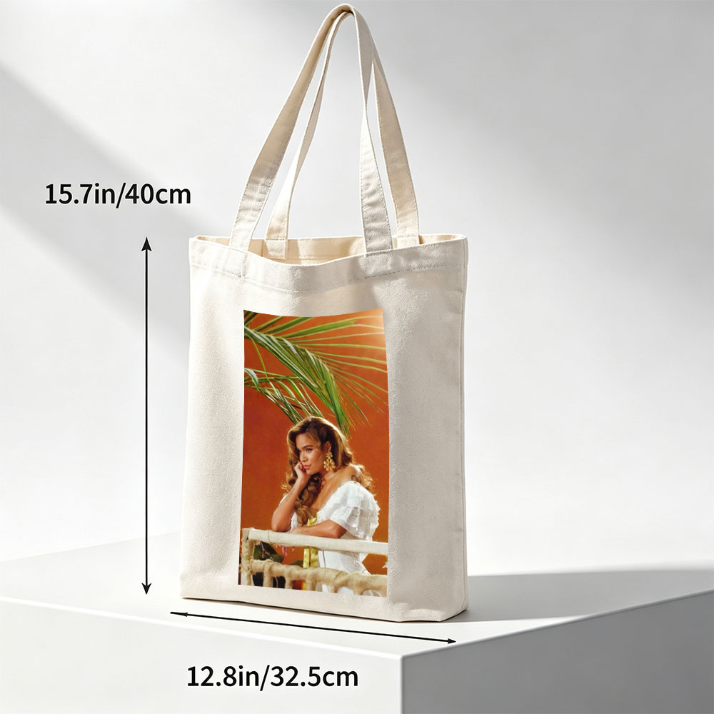 Maren Morris in a Tropical Scene Wearing a White Ruffled Dress with Palm Leaves in the Background - Canvas tote bags
