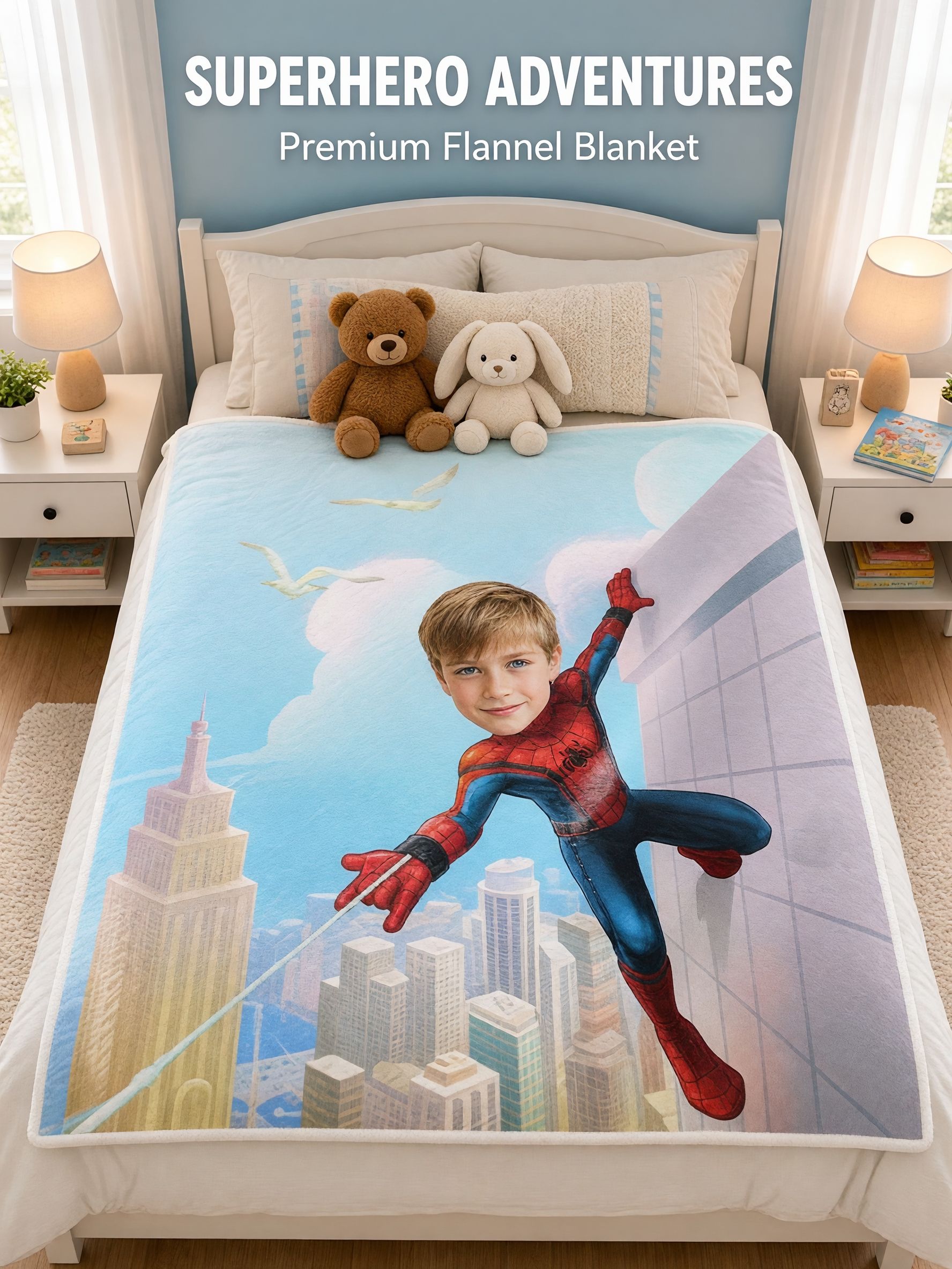 Custom Photo Superhero Flannel Fleece Blanket Personalized Face Portrait Throw for Kids Bedroom Gift