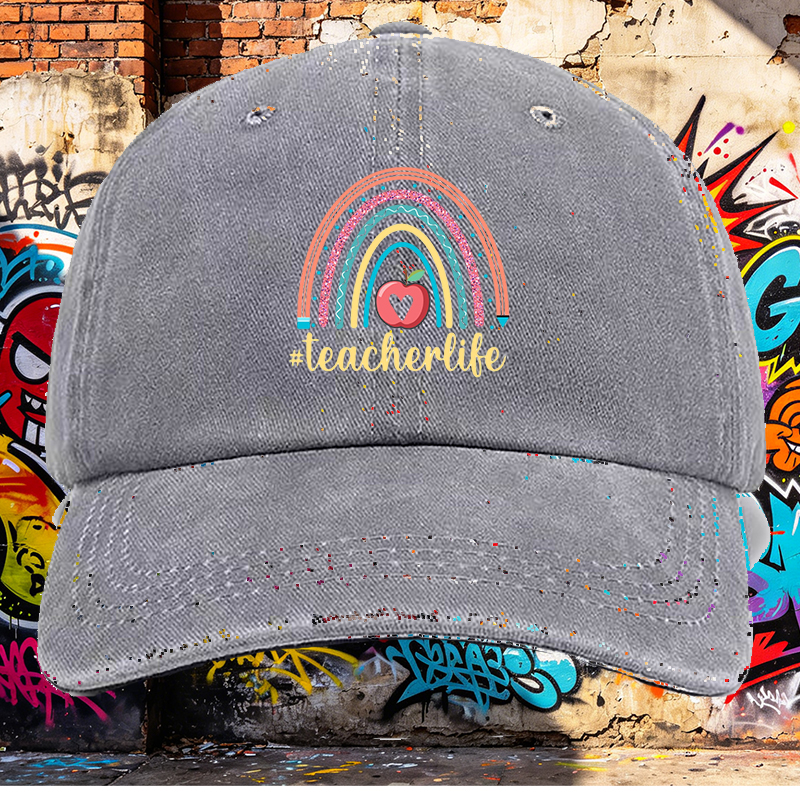 Men's Printed Washed Cap with Rainbow Apple and #teacherlife Design - Casual Round Brim Summer Lightweight Hat for Teachers and Educators