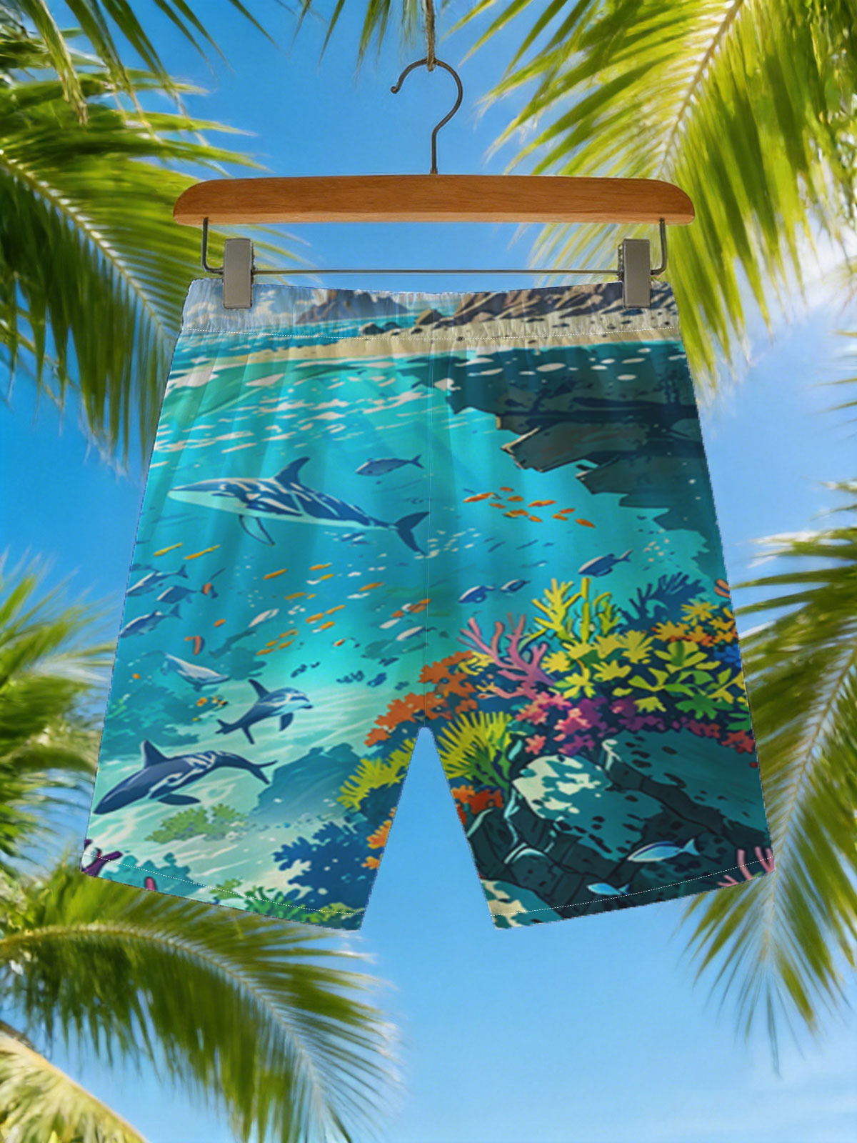 Vibrant Coral Reef with Dolphins and Tropical Fish -  Beach shorts