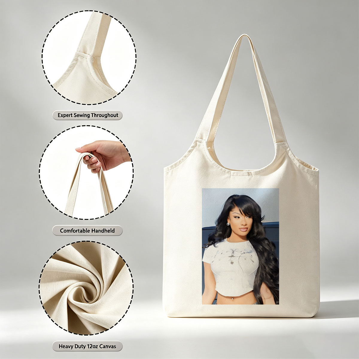 Nicki Minaj in a Stylish White Crop Top with Long Black Hair and Bold Makeup - Canvas shoulder bags/
