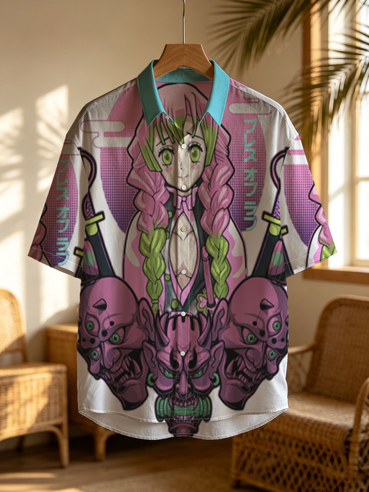 Nezuko Kamado from Demon Slayer with Pink Hair and Green Eyes, Surrounded by Skulls and Swords -  Shirt