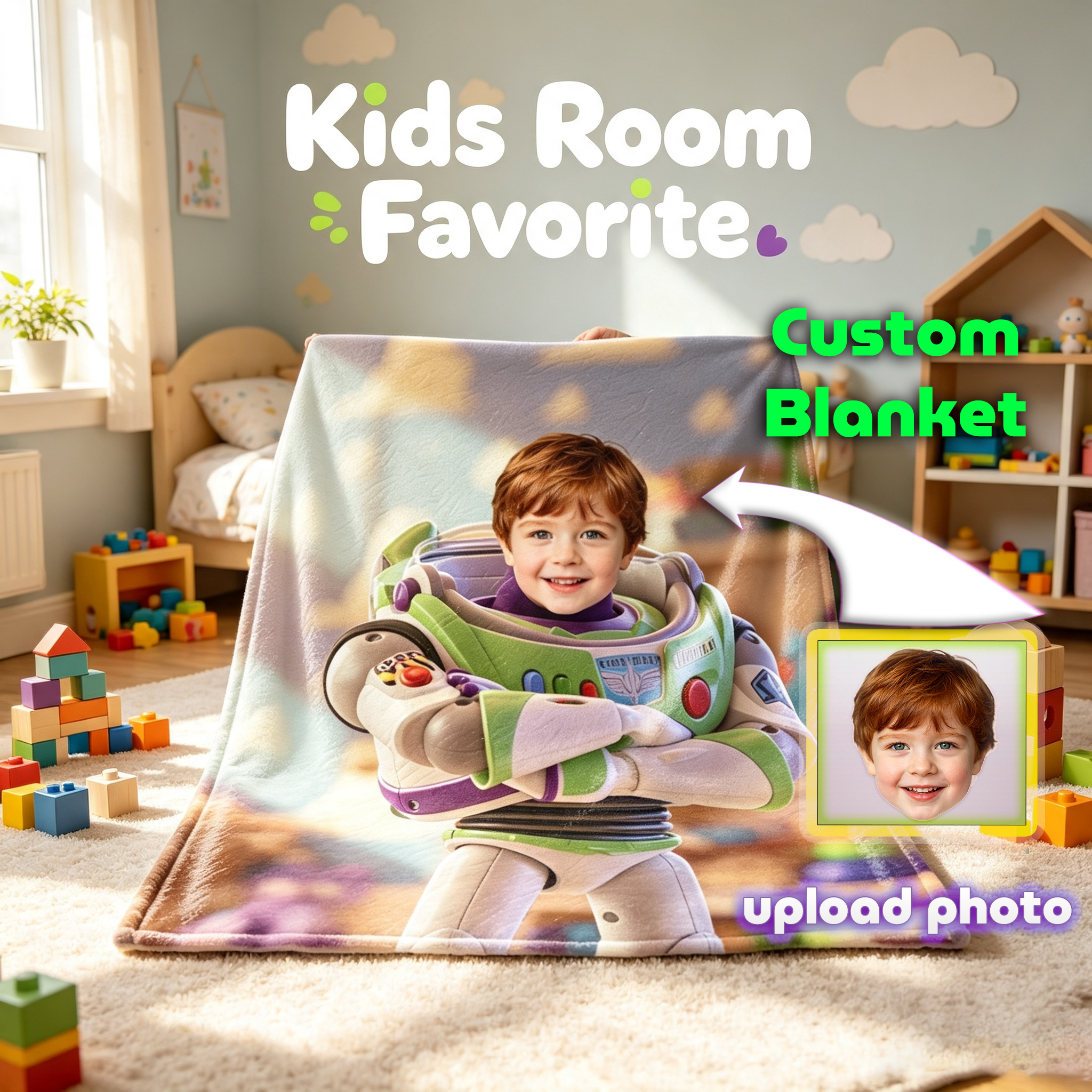 Personalized Buzz Lightyear Custom Photo Blanket, Upload Kid Portrait Toy Story Fleece Throw Blanket, 280GSM Soft Warm Flannel Blanket, Unique Birthday Gift for Boys Kids Bedroom Sofa Travel