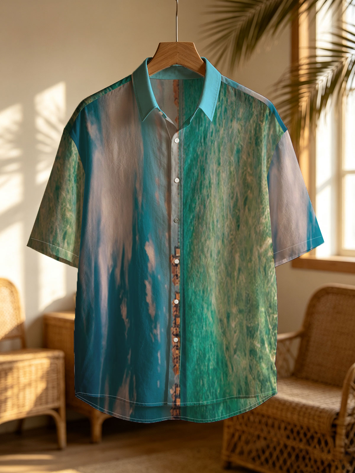 Overwater bungalows stretch into turquoise waters under a vibrant sky. -  Shirt