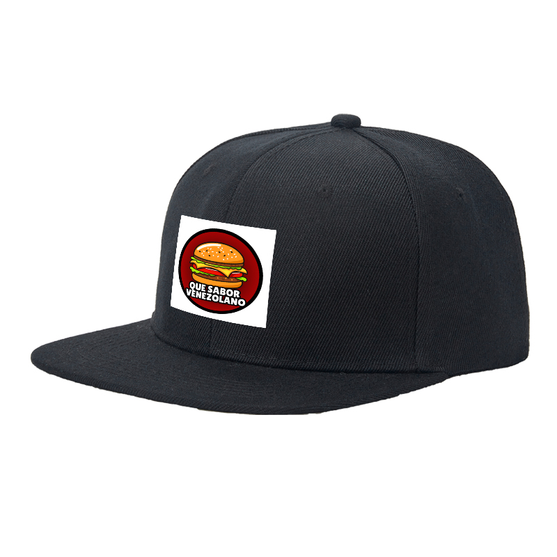 Flat Brim Baseball Cap Que Sabor Venezolano Burger Print Streetwear Underground Skate Style for Basketball Court Skate Park Urban Lifestyle Skaters Rappers Streetwear Enthusiasts