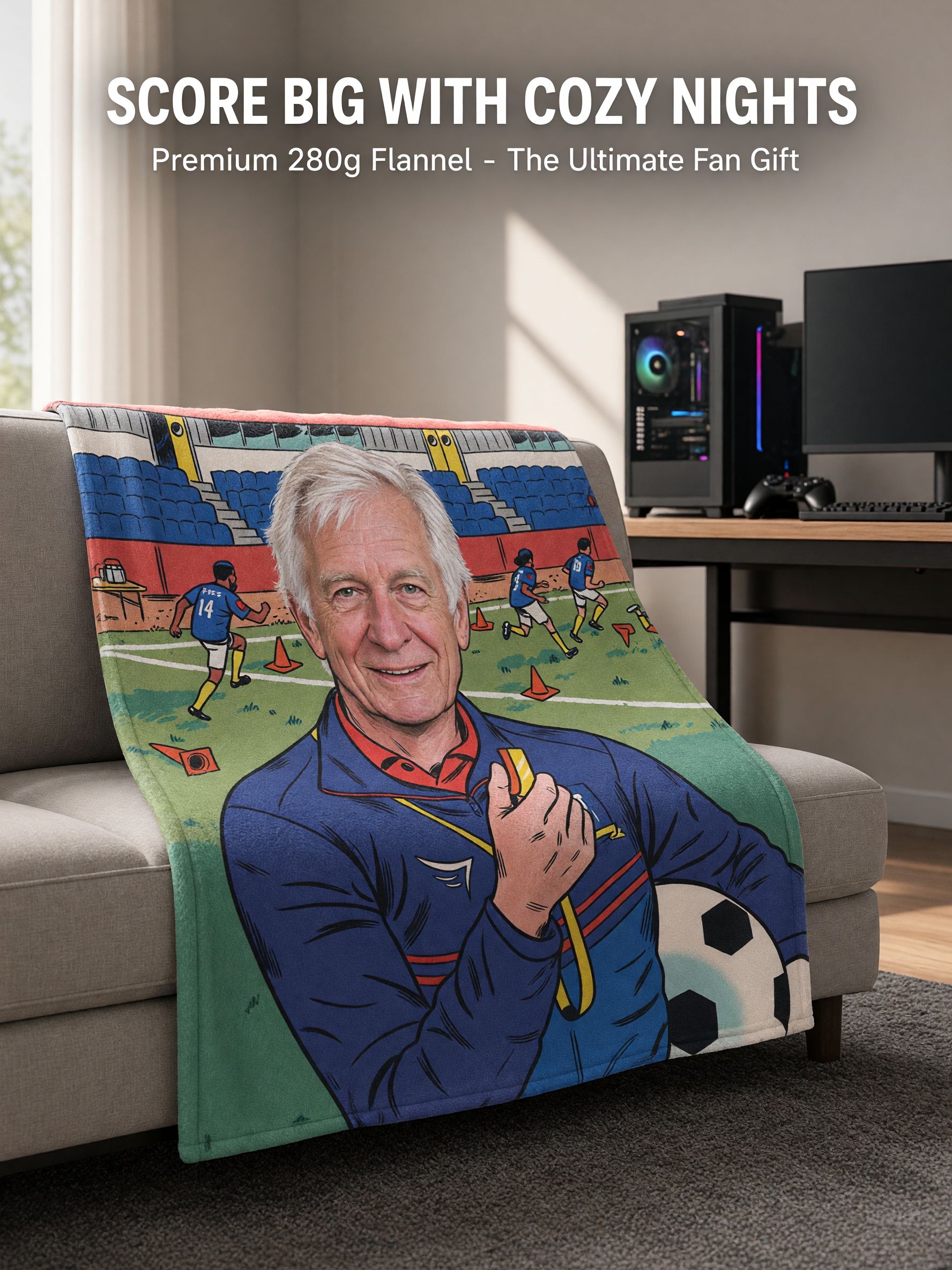 Custom Face Blanket Personalized Soccer Coach Photo Soft Flannel Throw Fleece Blanket for Bed Sofa Ideal Sport Gift