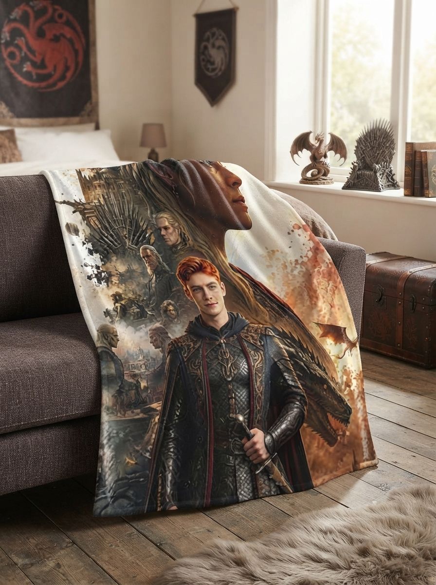 Custom Face Blanket Personalized Fantasy Knight Warrior Print Flannel Throw Cozy Birthday Keepsake Gift