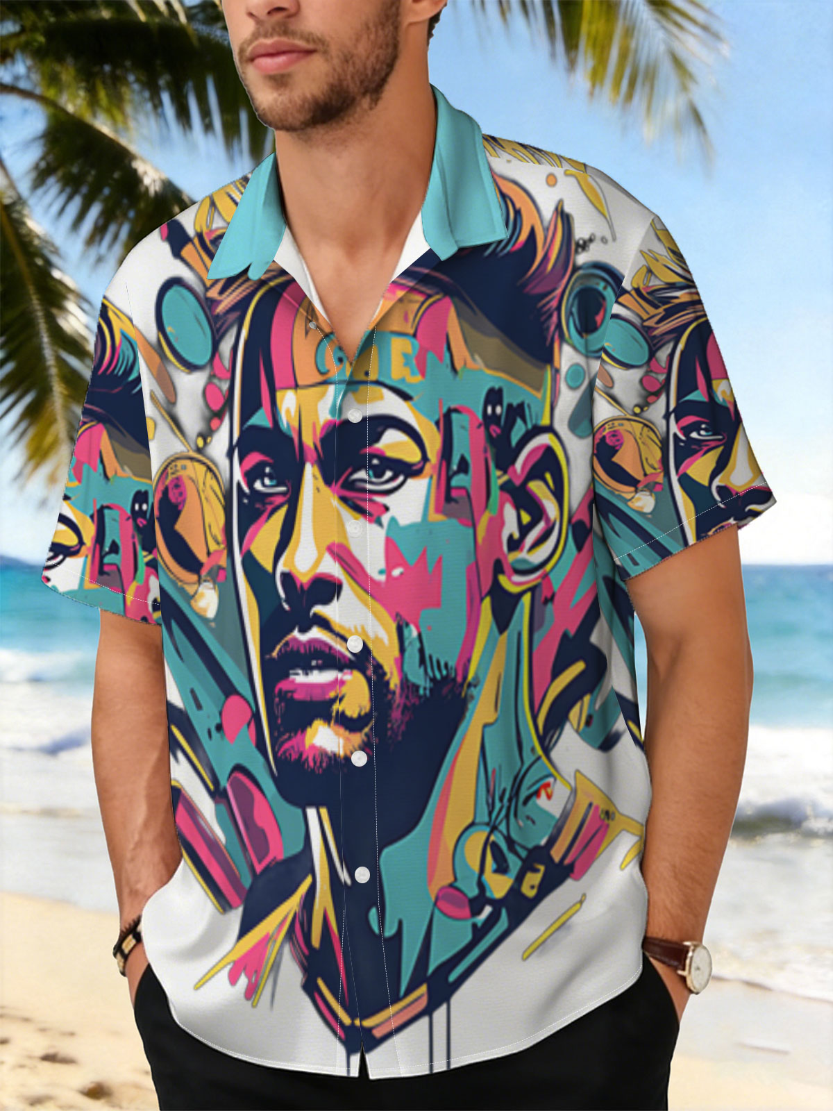 Colorful Abstract Portrait of a Man with Vibrant Patterns and Dynamic Elements -  Shirt