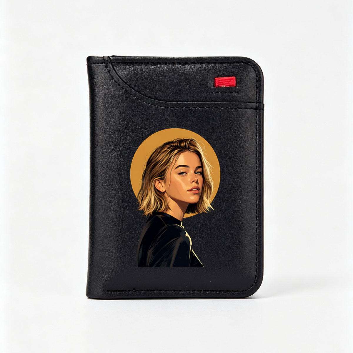 Portrait of a blonde woman with a golden halo, wearing a black outfit, set against a dark background. - Vertical Style Wallet