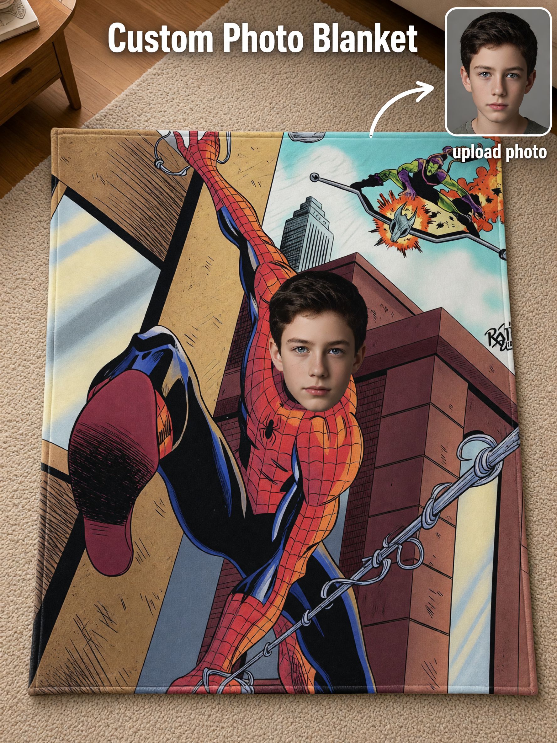 Custom Face Superhero Flannel Fleece Blanket, Personalized Photo Comic Throw for Bed Sofa Couch, Cozy Birthday Gift