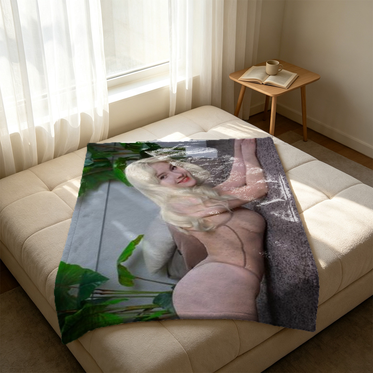 Japanese Nurse in Pink Lingerie on Chair - Blanket