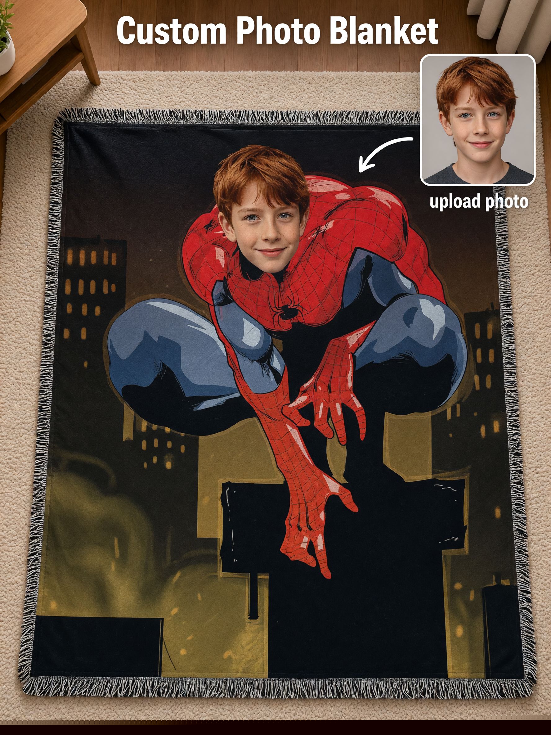 Custom Photo Superhero Flannel Fleece Blanket Personalized Face Plush Throw Gift for Kids and Fans