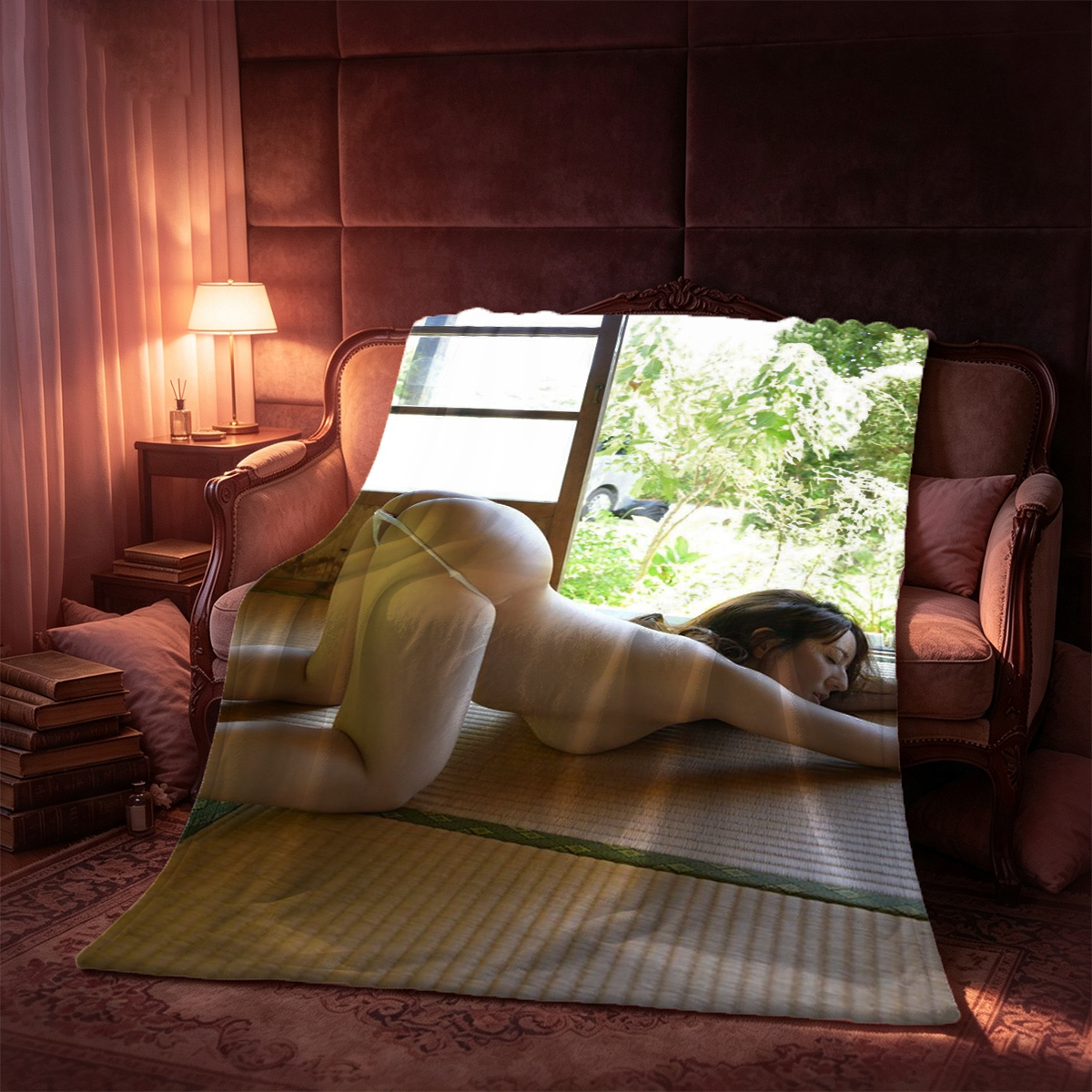 A woman in white lingerie posing seductively in a modern interior. - Blanket