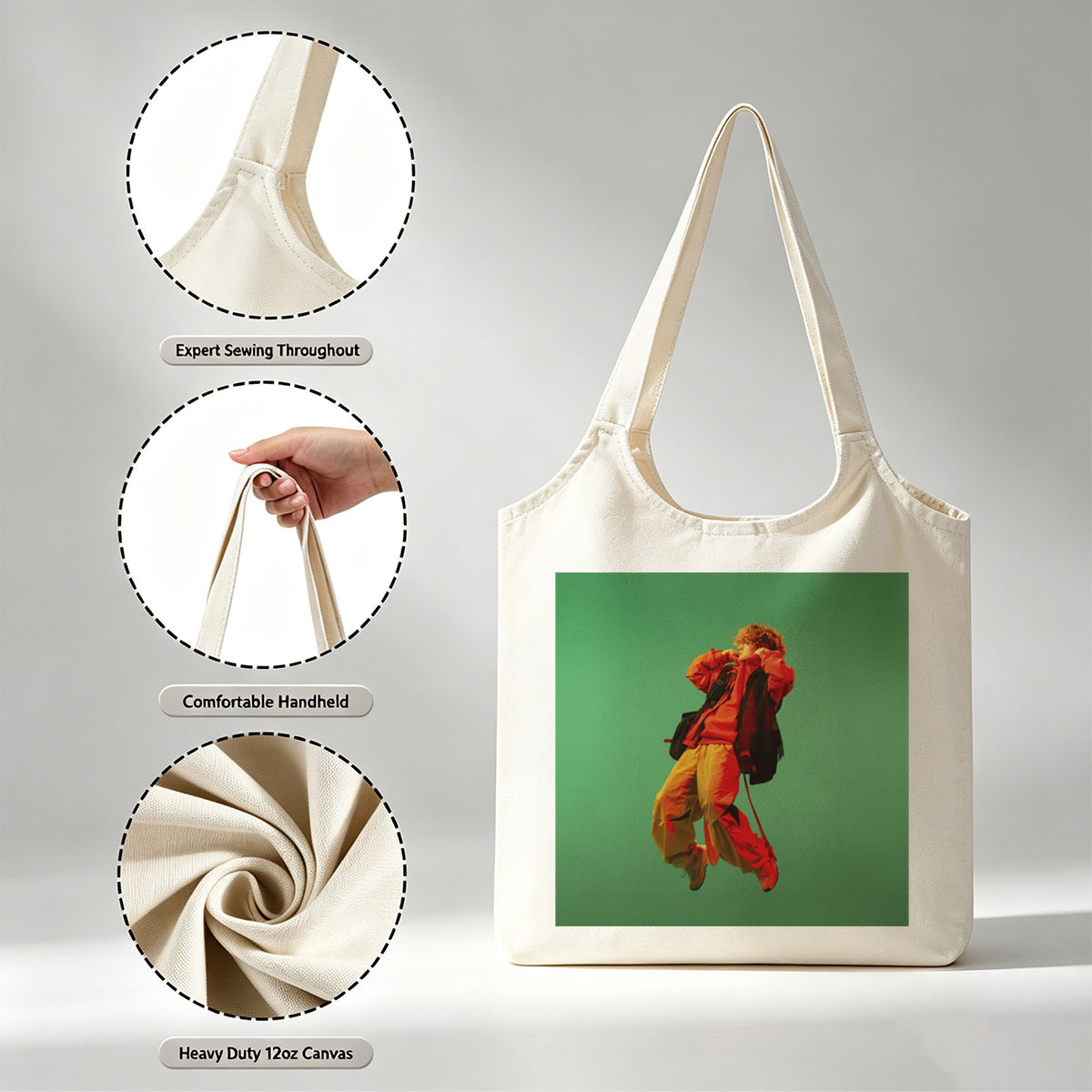 Troye Sivan in a vibrant red and yellow outfit mid-jump against a green background - Canvas shoulder bags/