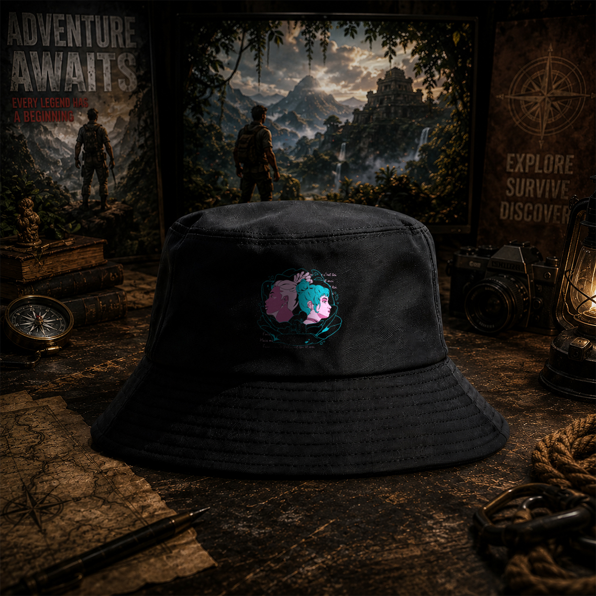 Two Women in Profile: A Stylized Artwork Featuring Pink and Teal Hair with French Text - Fisherman's Hat