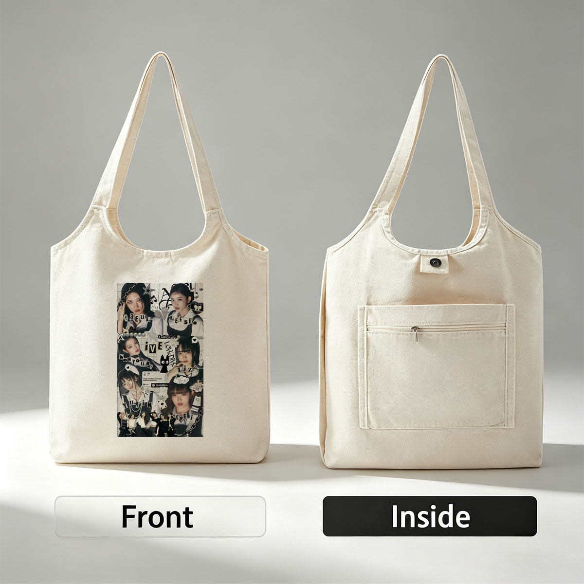 IVE Members in a Stylish Collage Featuring Fashion, Music Notes, and Cute Icons - Canvas shoulder bags/