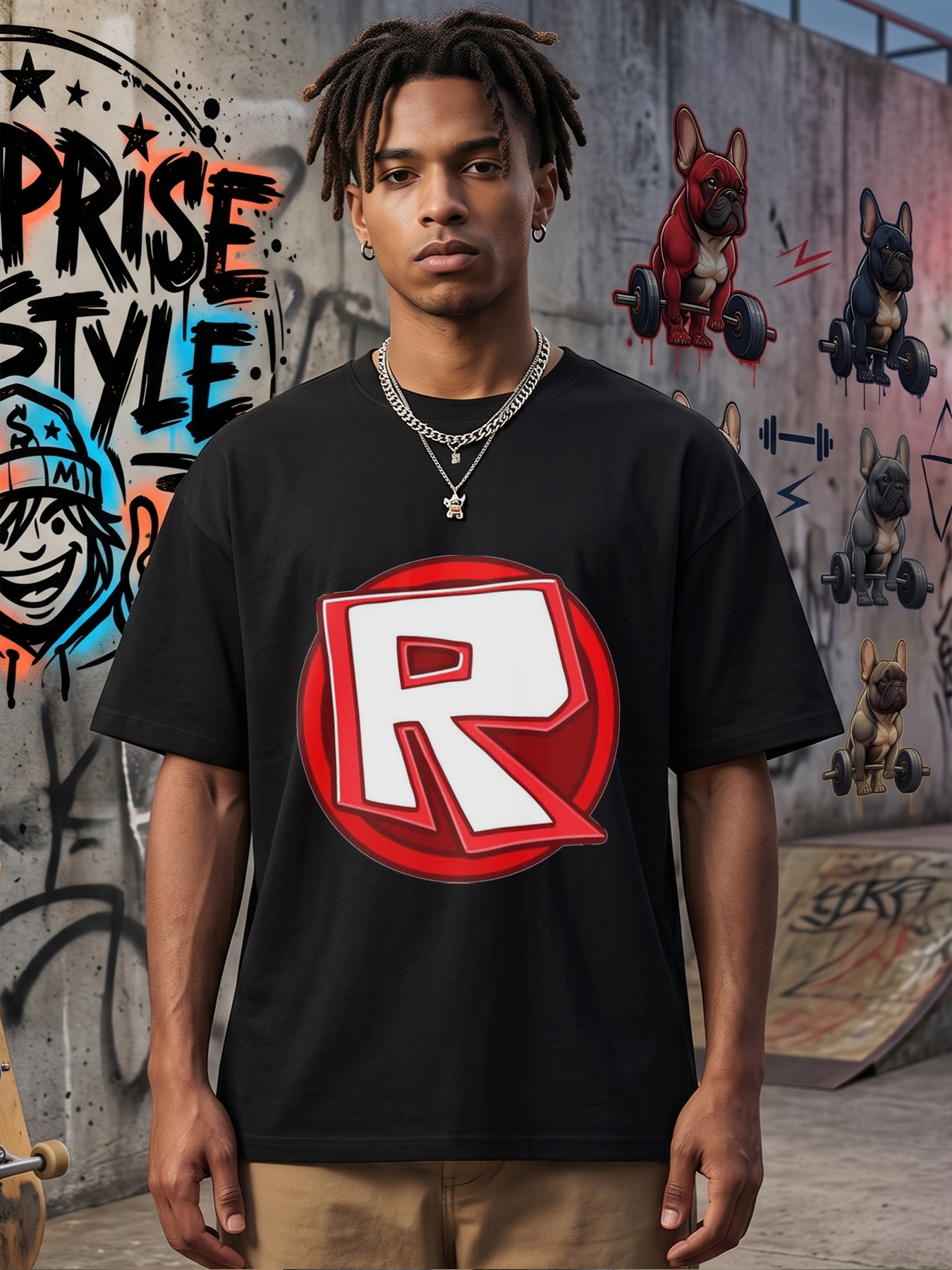 Men's Printed T-Shirt with Bold Red R Logo Design Casual Round Neck Lightweight Breathable Summer Short Sleeve Tee for Everyday Wear, Outdoor Activities, and Fans of Pop Culture Icons