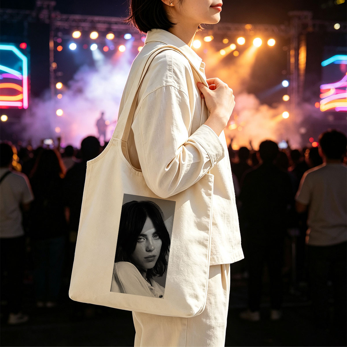 Billie Eilish in a Monochrome Portrait Wearing a White Shirt with a Delicate Necklace - Canvas shoulder bags/