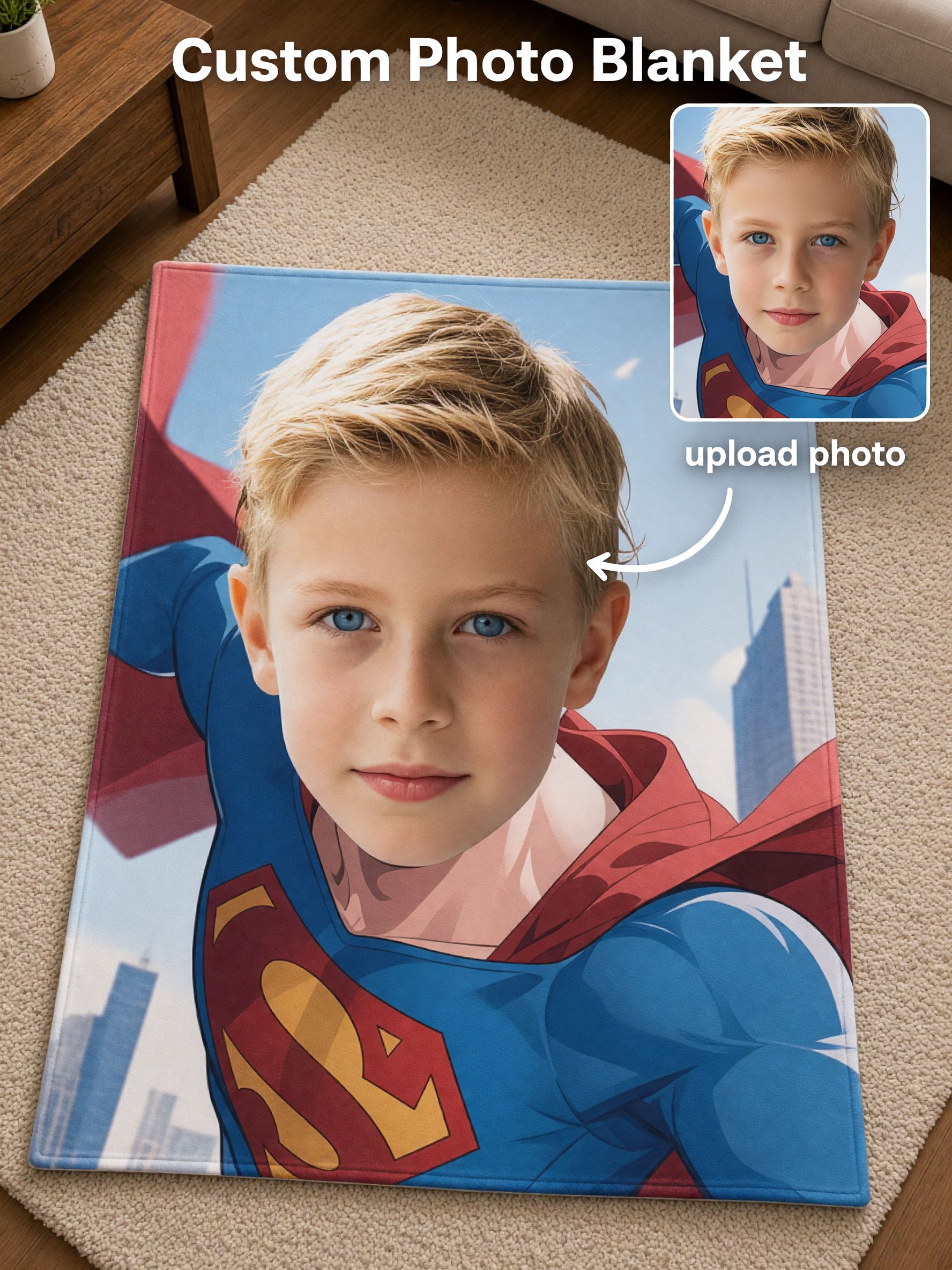 Custom Photo Superhero Flannel Fleece Blanket Personalized Face Portrait Throw Soft Warm Anti-Pilling Keepsake Gift for
