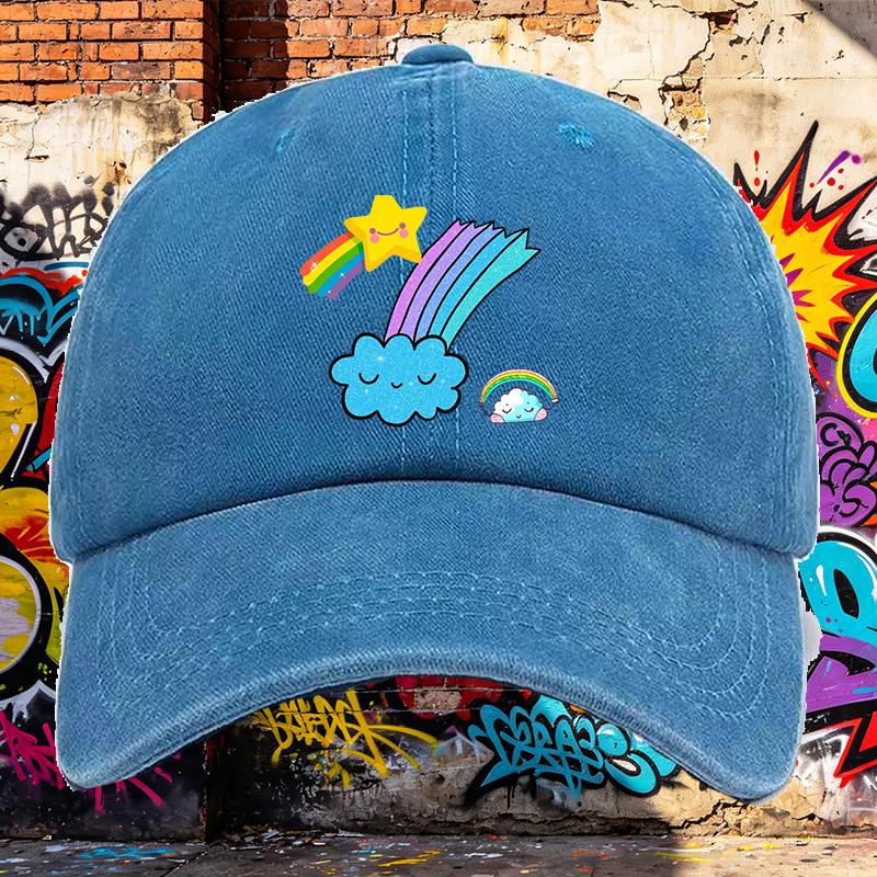 Men's Printed Washed Cap with Rainbow Star Cloud Design Casual Round Brim Lightweight Summer Hat for Outdoor Activities and Daily Wear, Perfect for Young Adults and Trendy Urban Style Lovers