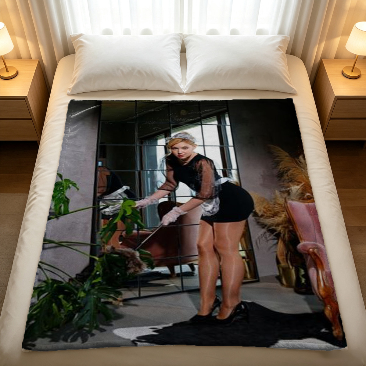 Nude blonde woman sitting on wooden table looking back surprised - Blanket