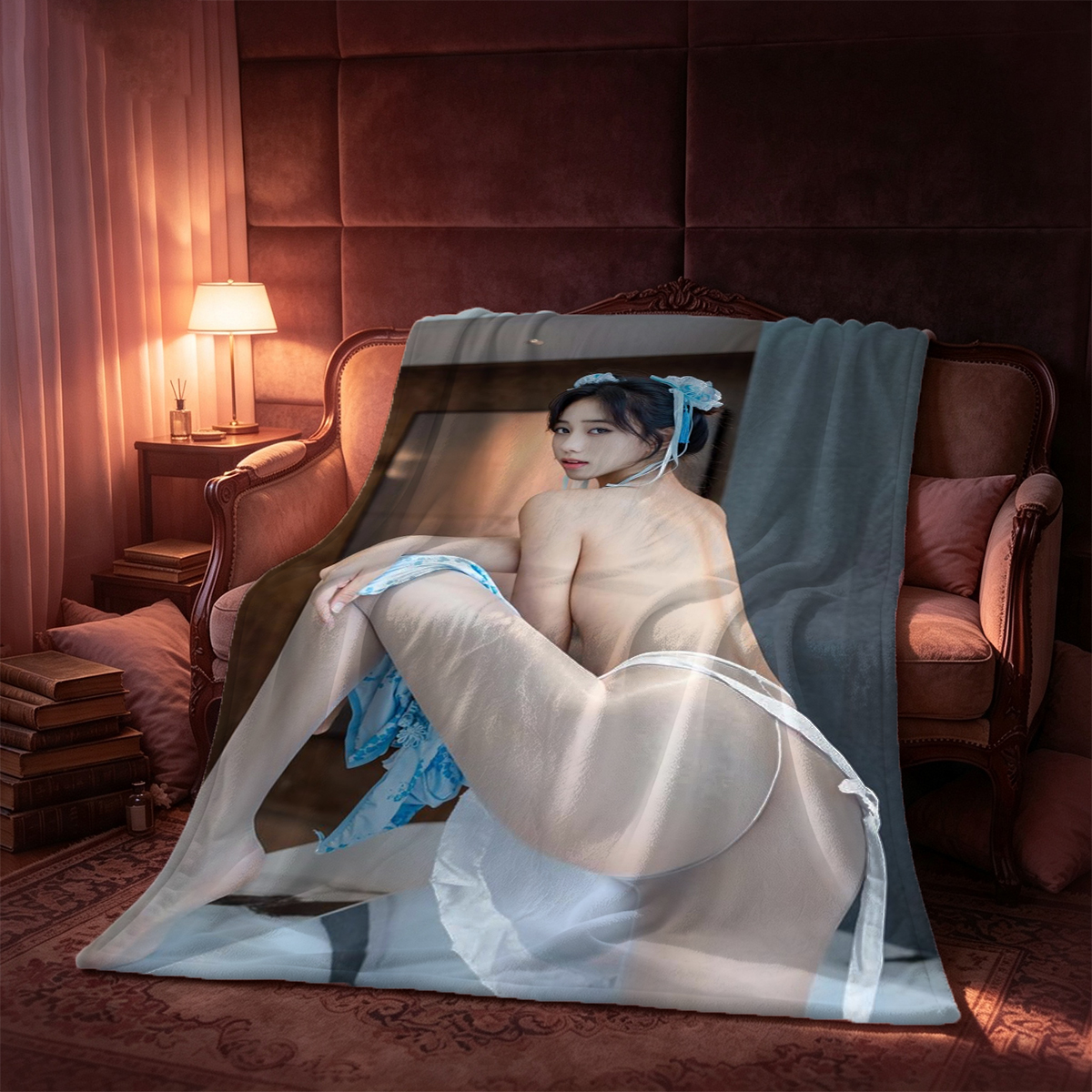 Blindfolded Woman in Black Lingerie and Stockings on Bed - Blanket