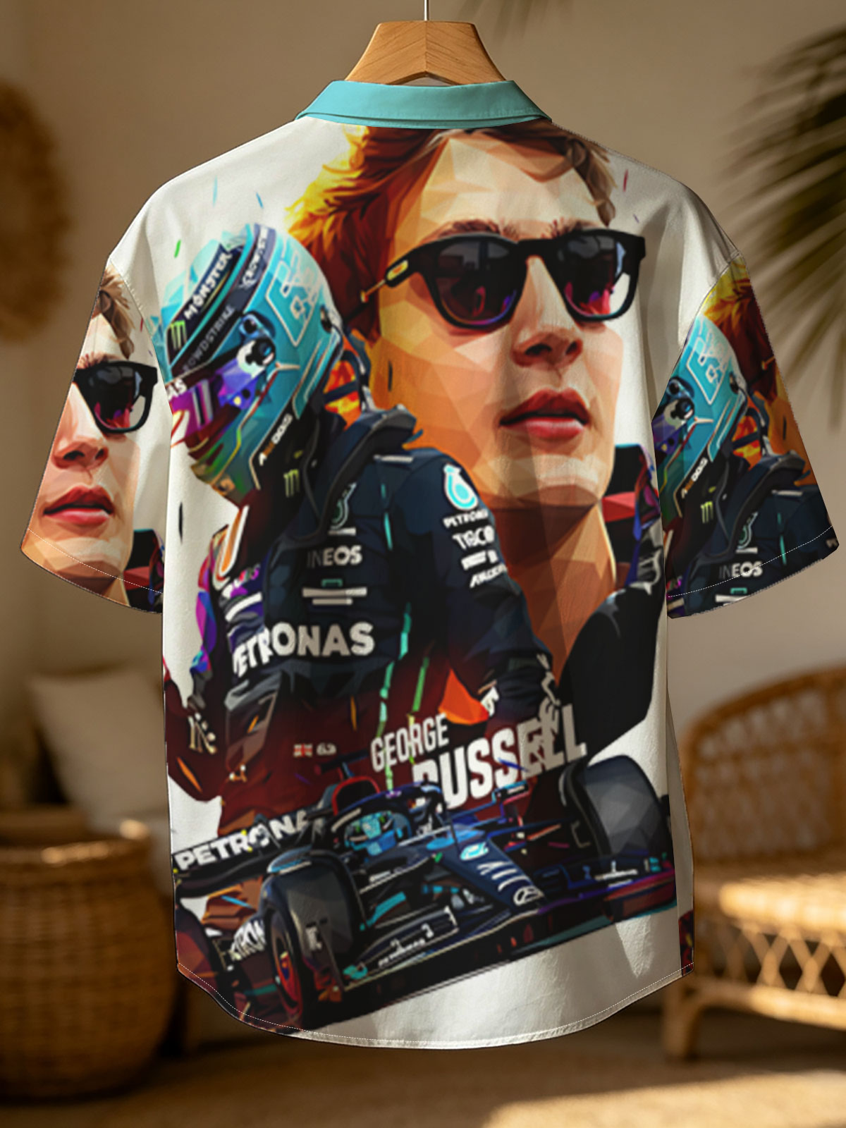 George Russell F1 Driver in Petronas Racing Gear with Formula 1 Car -  Shirt