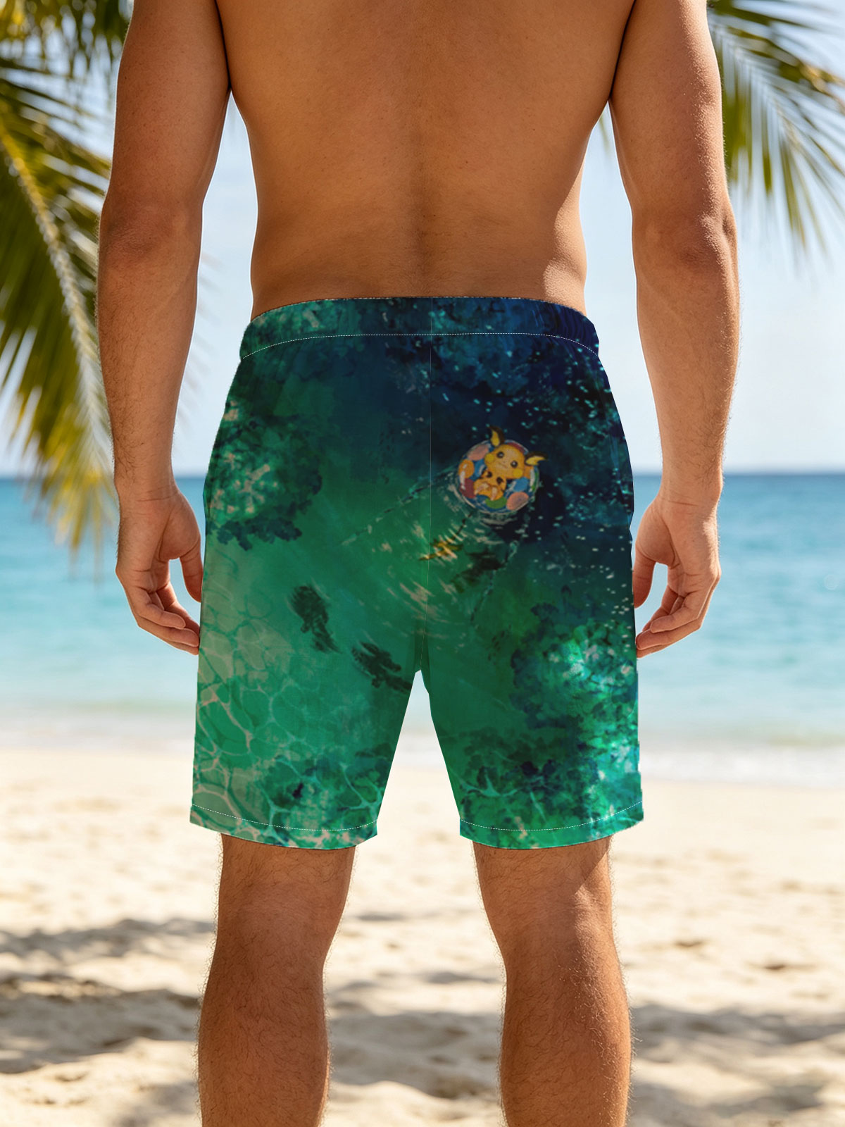 Pikachu floating on a colorful ring in a serene, turquoise pool with fish swimming below. -  Beach shorts
