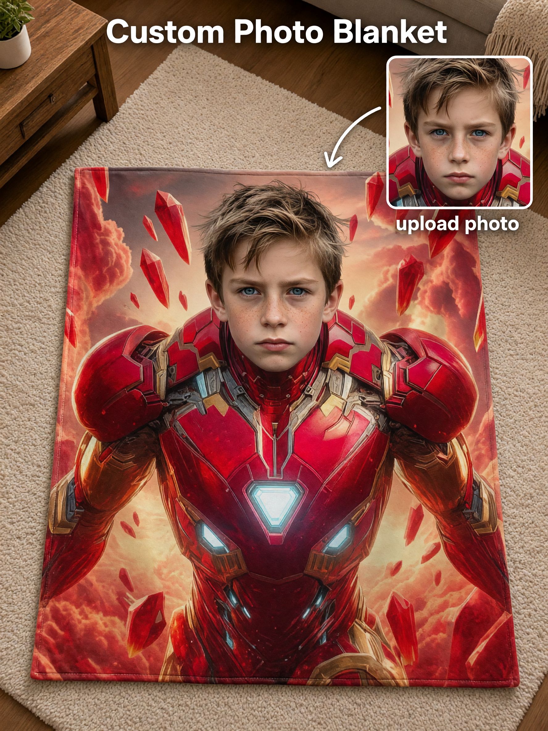 Personalized Photo Blanket Custom Face In Red Gold Mech Armor Soft Flannel Throw Ideal Birthday Gift For Boys And Family