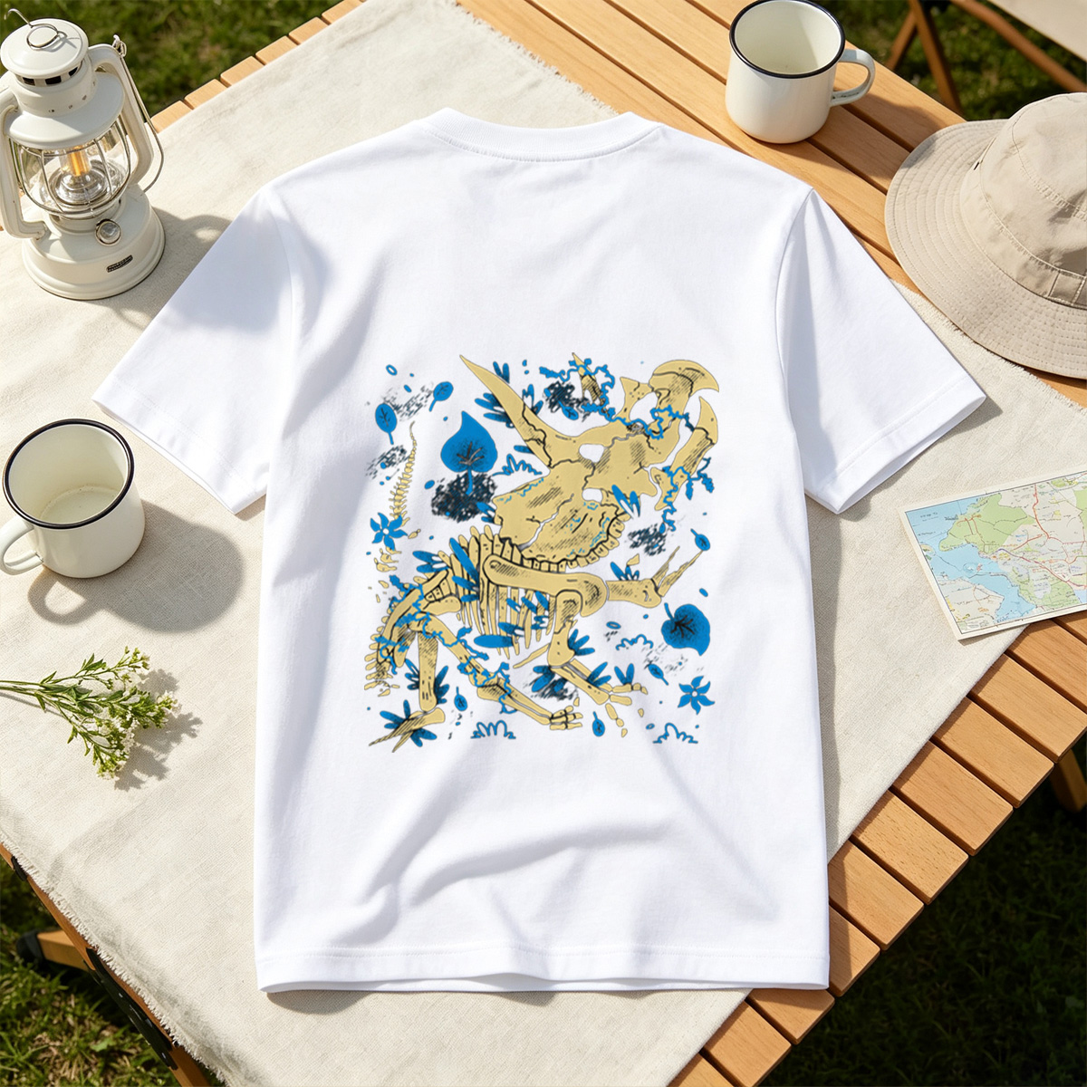 Triceratops Skeleton with Blue Leaves - Tee