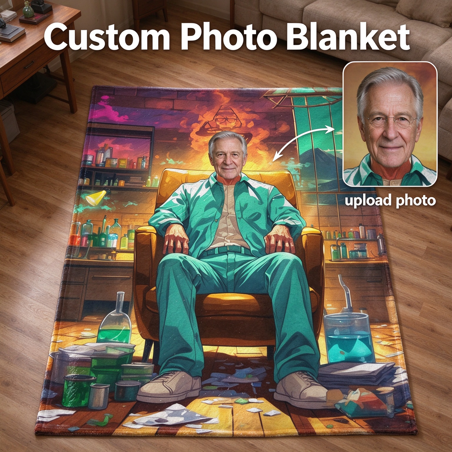 Custom Face Photo Blanket Personalized Cartoon Lab Art Flannel Fleece Throw, Ideal Cozy Gift for Family and Friends