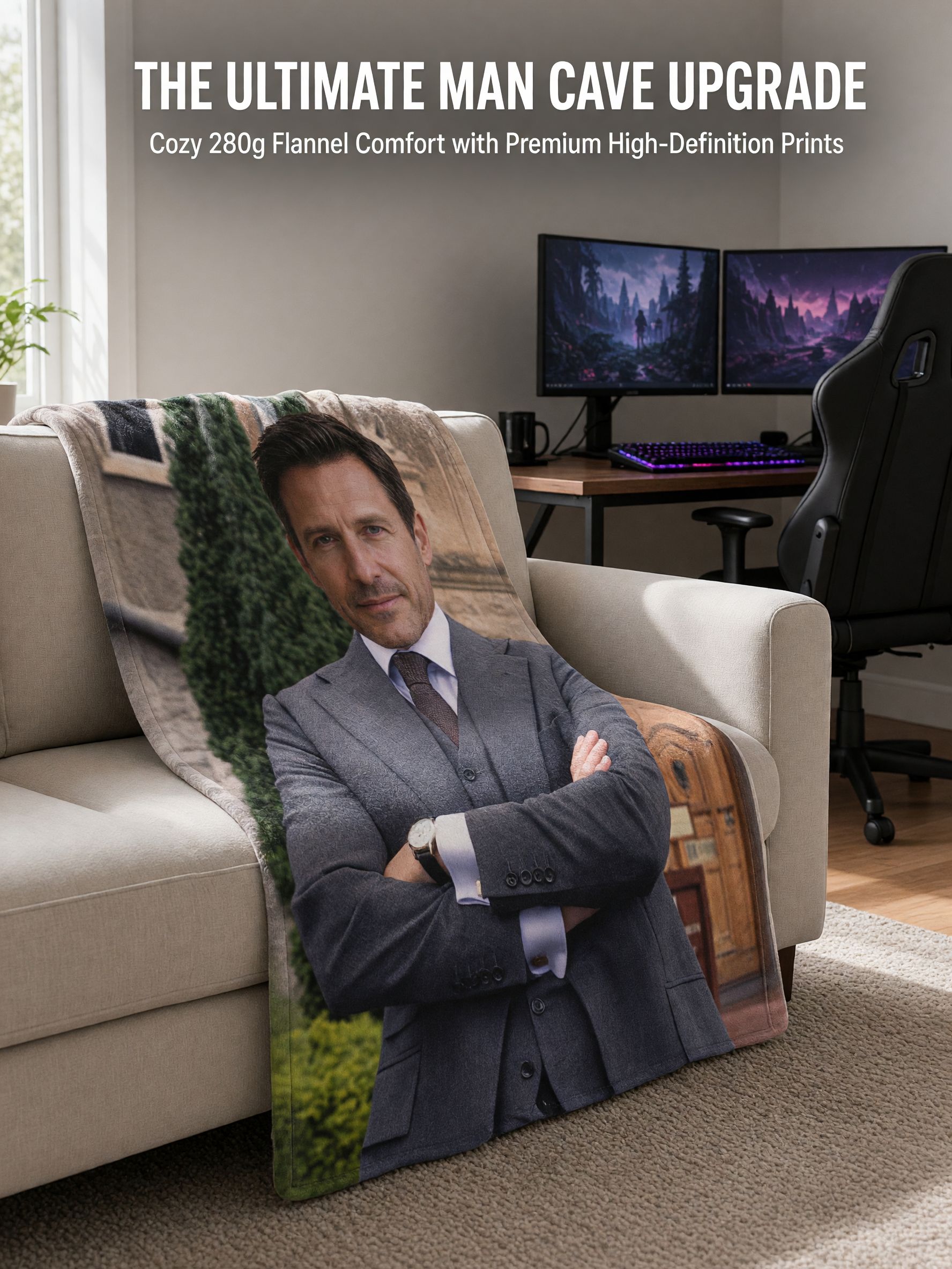 Custom Face Photo Blanket Personalized Flannel Throw Cozy Fleece Cover for Sofa Bed, Ideal Picture Portrait Gift
