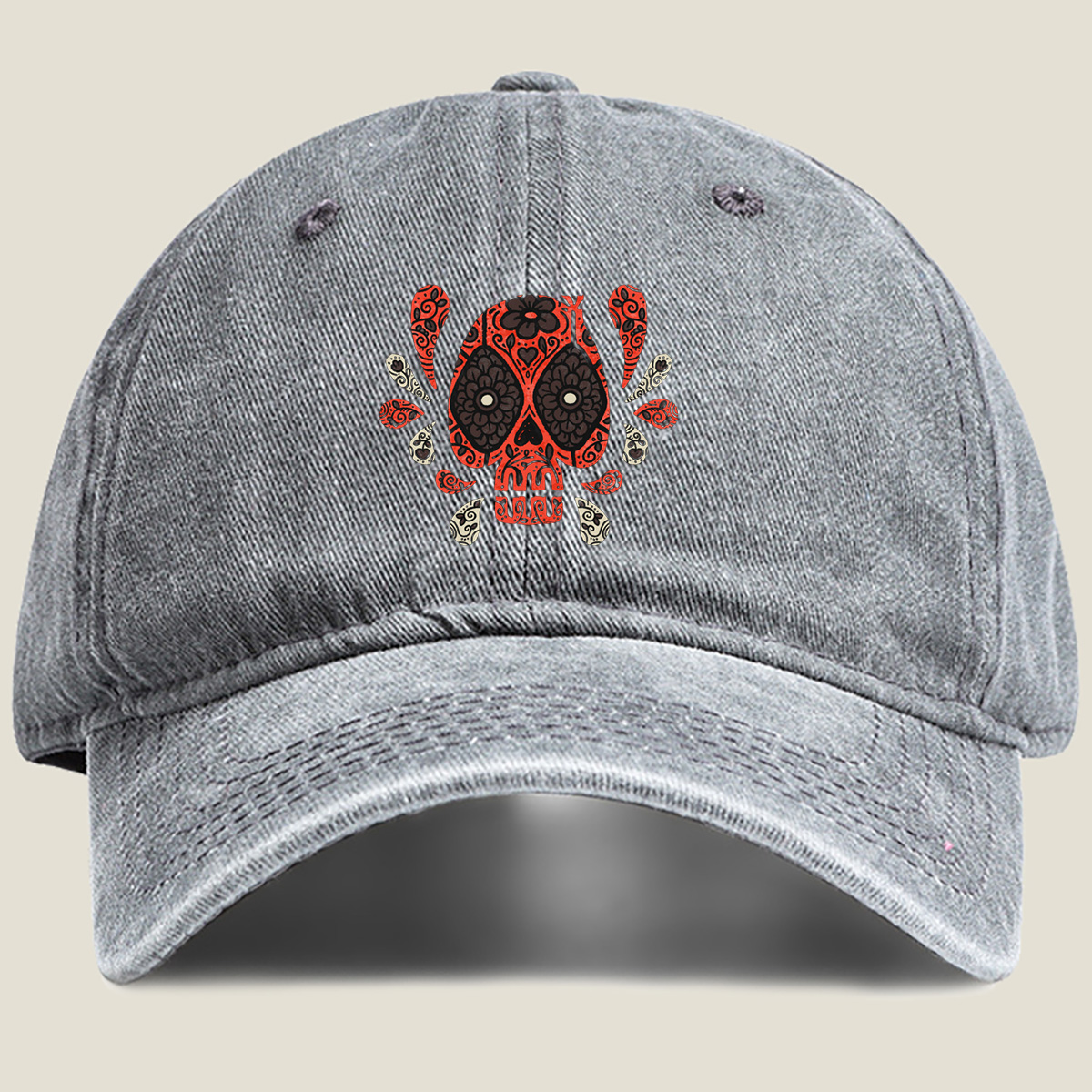 Day of the Dead Sugar Skull Design - Washed Denim - Baseball Cap